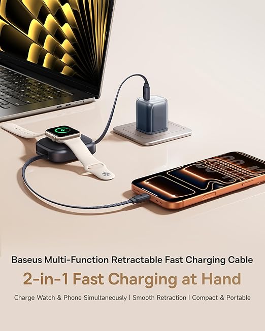 Baseus Retractable USB C Cable for Apple Watch, 100W 5A Fast Charging Cable with 2.5W Max Wireless Charger, Freely Adjustable Within 3ft, Type-C Cord for iPhone 17 Pro/Plus/Max, Galaxy S24, iPad Pro
