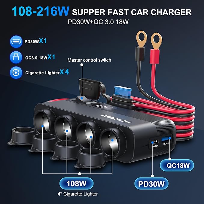 12V Socket Power Outlet, 10FT Cable 24V 216W Multi Port Outlet, 12 Volt Car Cigarette Lighter Adapter USB Charger Cigarette Lighter Socket, Power Supply Car Plug outlet Battery Adapter