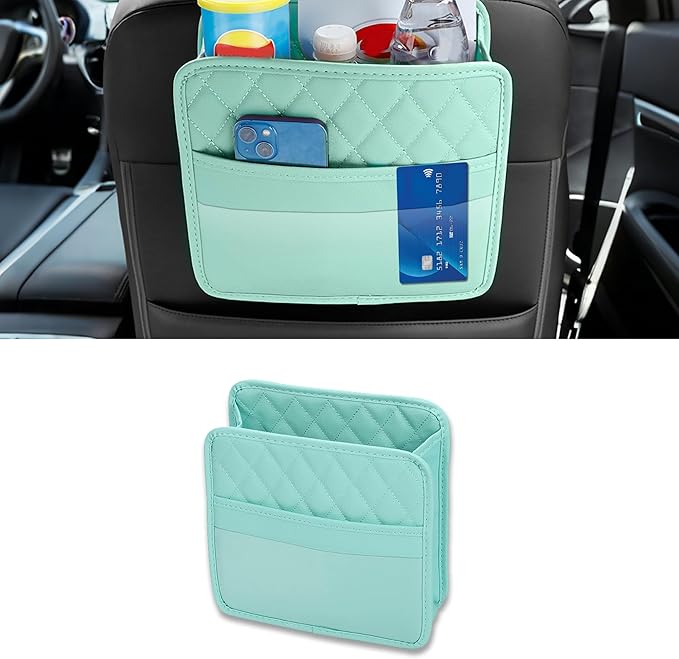 Car Seat Back Hanging Bag, PU Leather Automotive Seat Back Organizer, Multipurpose Vehicle Travel Essentials Accessories for Kids & Adults, Universal for Most Cars (Green)