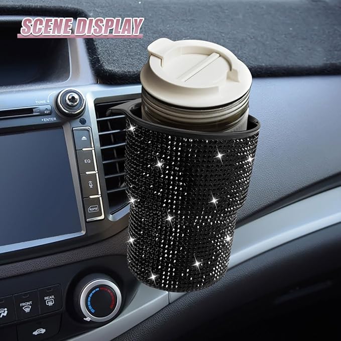 Bling Rhinestones Car Air Vent Trash Can, Hanging Automotive Cup Holder with 2 Hooks, Multi-Function Vehicle Door Organizer Accessories for Key, Pen, Water Bottles, Cellphone(Black)