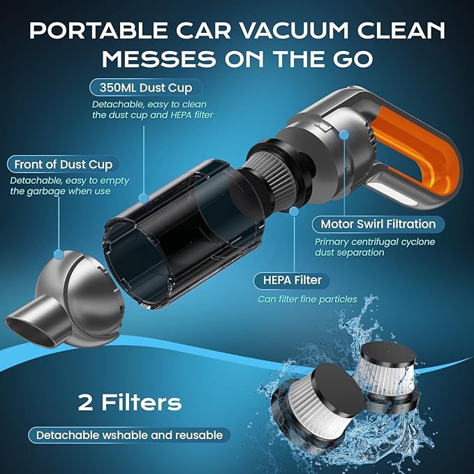 Handheld Vacuum Cordless, Portable Car Vacuum with LED Light,Rechargeable Small Vacuum Cleaner with Powerful Suction,Lightweight Vacuum Cleaner for Car Home Office Pet Hair (Orange)