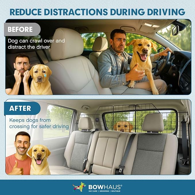 BOWHAUS Dog Car Barrier, Dog Divider for SUVs, Trucks, Vehicles, Heavy-Duty Wire Mesh Adjustable & Foldable Pet Barrier for Cargo Area, Car Safety Accessories, Hardware Included