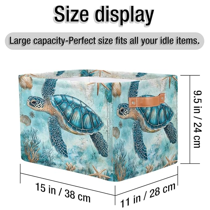 Turquoise Turtle Storage Baskets for Organizing, Fabric Collapsible Storage Bins Box Ocean Seashell Decorative Toy Organizer Baskets for Closet Shelves Gift Basket 2Pcs