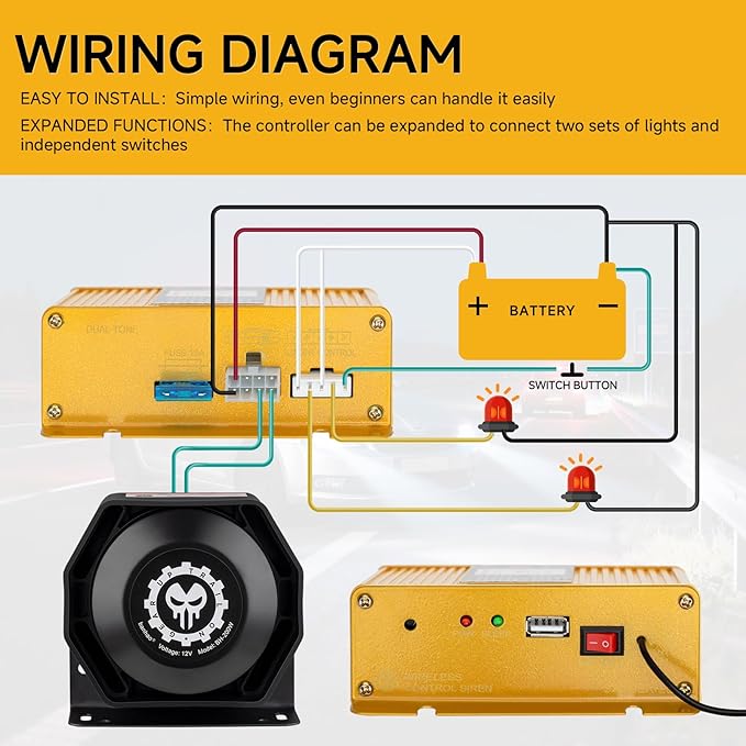 Police Siren Speaker PA System Kit 12V Warning Emergency Siren 200W 125-145dB Remote Control with Handheld Microphone for Ambulance Vehicles Truck Car SUV ATV UTV