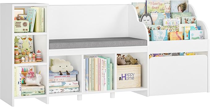 HOSTACK 67" W Kids Reading Nook with Toy Storage Organizer, Large Kids Bookshelf with Toy Storage Box on Wheels, Big Kid Bookcase with Bench and 6 Open Cubbies for Playroom, Kid Room, White