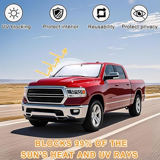 PIMCAR Windshield Sun Shade for Dodge Ram 1500 2009-2018 | Premium 310T Reflective Polyester UV/Heat Shield | Custom Fit Sunshade to Block Rays & Cool Interior