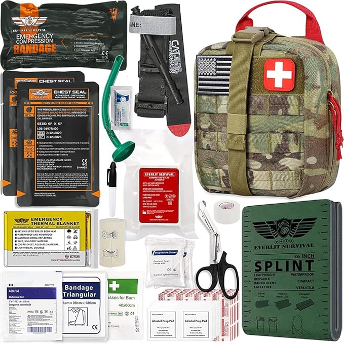 EVERLIT Advanced Trauma Kit, CAT GEN-7 Tourniquet, TCCC Compliant, Mil-Spec Nylon Laser Cut Pouch with 36" Splint, Military Combat Tactical IFAK for Emergency Bleeding Control