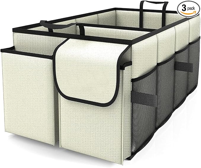 Car Trunk Organizer, Collapsible Car Organizer, Multi Compartment Car Organization for Car Accessories, Tools, Sundries, 22×13.4×11.4 inch, Storage for Auto Accessories for Women Men (Beige)