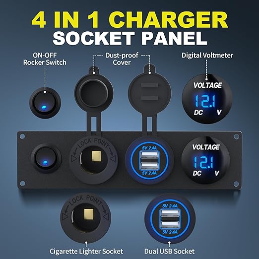 RVMARINEPAT 4 in 1 Charger Outlet Socket Panel 12V DC 4.8A Dual USB Power Outlet & 12 Volt Cigarette Lighter Socket & LED Voltmeter & Lighted ON/Off Rocker Toggle Switch for Marine Boat Truck RV Car
