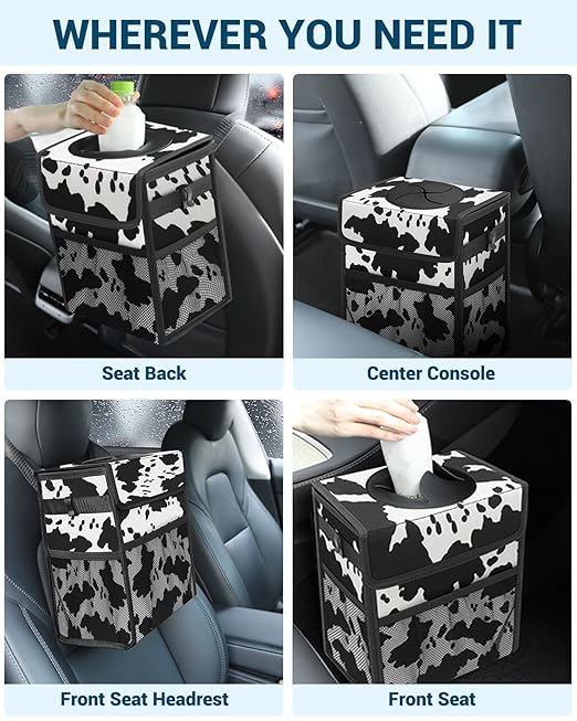 Capolo Car Trash Can with Lid, Leakproof Car Trash Bag Hanging Waterproof Automotive Garbage Can with Storage Pockets Mini Vehicle Trash Bin for Back/Front Seat(Cow Print,3 Gallon)