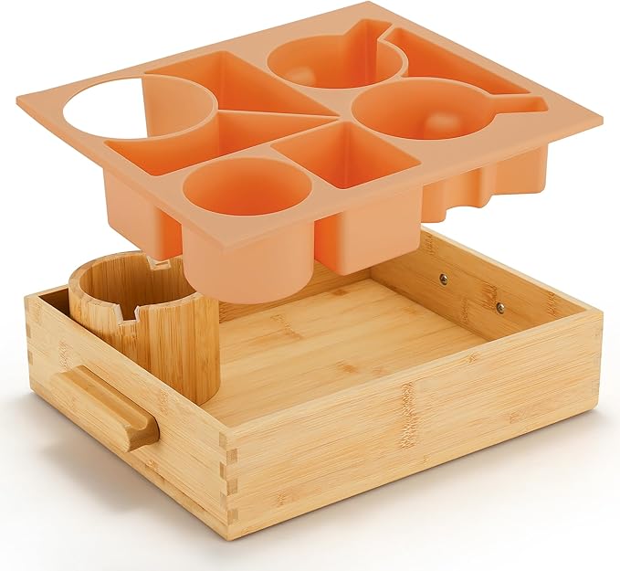 Nnewvante Snack Cup Couch Caddy, 8 in 1 Divided Serving Tray with Handle for Sofa Bed RV Car Organizer Caddy Movie Night Snack Trays, Bamboo and BPA Free Silicone, Peach