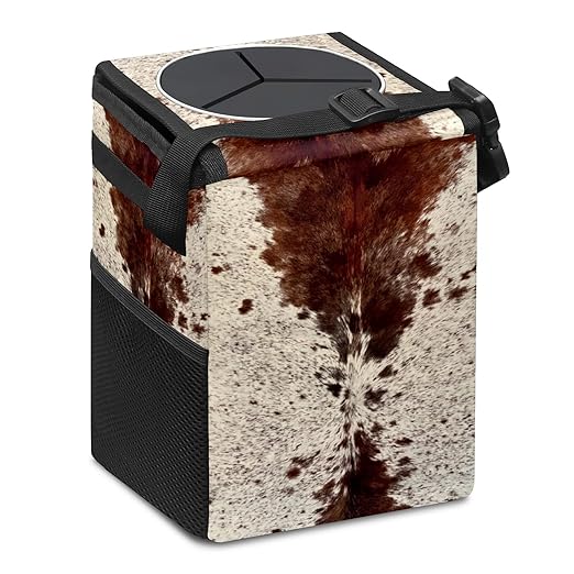 Western Brown Beige Cow Print Car Trash Can with Lid Collapsible Reusable Waterproof Car Garage Bag,Automotive Garbage Can,Car Accessories Interior Car Organizer