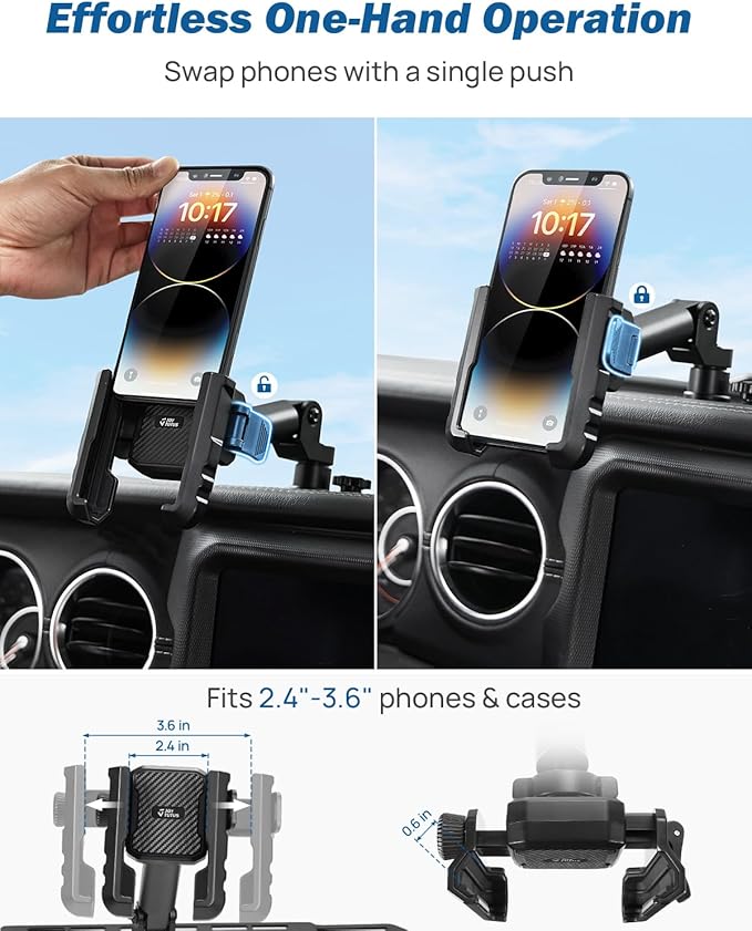 JOYTUTUS Metal Dash Platform Mount Phone Holder Compatible with 2018-2023 Wrangler JL 4x4 & 4xe 2020-2023 Gladiator JT| Custom Fit Phone Mount Expansion Platform| One-Hand Adjustable Clip
