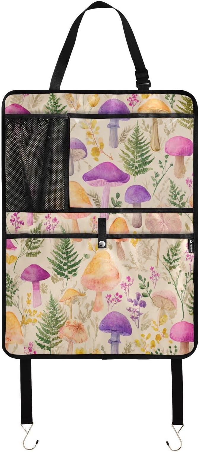 2 Pack Back Seat Car Organizer with Storage Pockets Kick Mats Back Seat Protector Hanging Car Organizer Automotive Seat Back Cover Organizers Mushroom Colorful Pattern