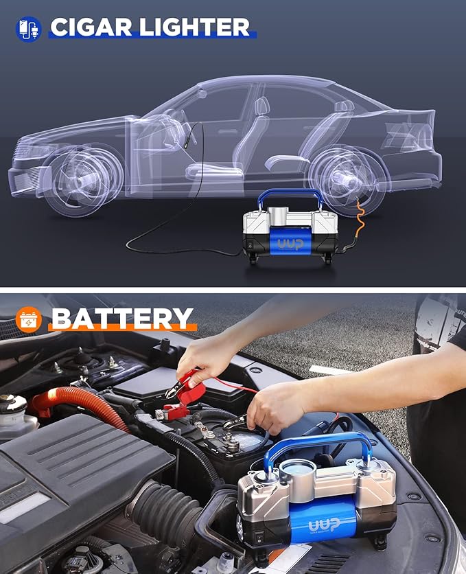 UUP Tire Inflator Air Compressor, 150PSI 12V DC Double Cylinders Heavy Duty Portable Air Pump w/Emergency LED Light for Truck, SUV, Car, RV
