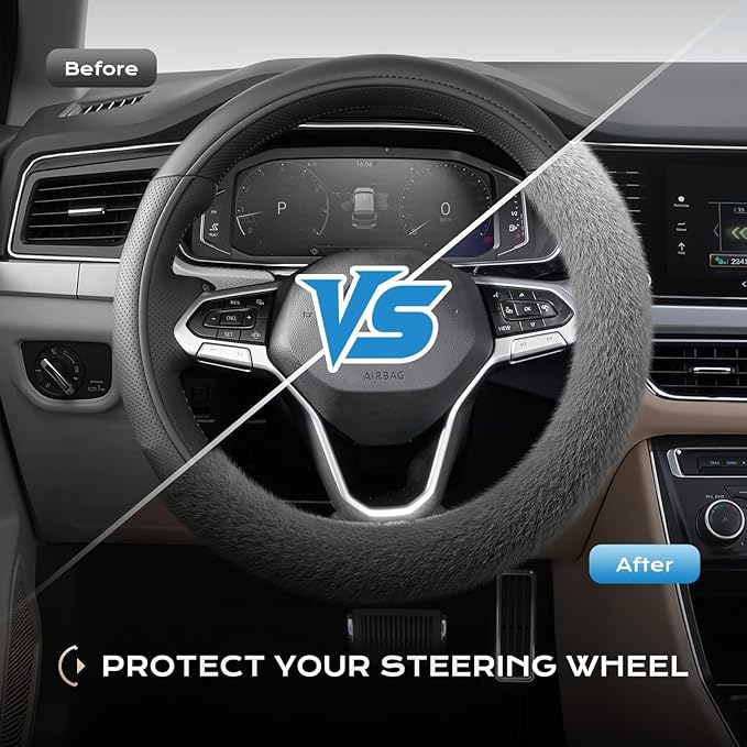Coverado Winter Fluffy Steering Wheel Cover, Upgraded Anti-Slip Fuzzy Furry Car Steering Wheel Cover, Universal 14-15 inch, Soft Plush, Warm, No Odor, Luxurious Decoration for Women Men, Gradient Gray