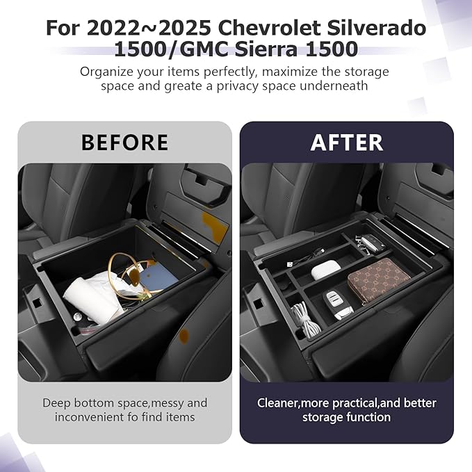 LUWU Center Console Organizer Compatible with 2019-2022 2023 2024 2025 2026 Chevy Silverado/GMC Sierra 1500 & 2020-2025 2026 Chevrolet Silverado/Sierra 2500HD 3500HD 1PC (Split-Bench Folding Seat)