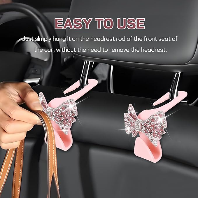 2PCS Bling Bow Car Seat Headrest Hook, Cute Bow Purse Hanger for Cars, Crystal Rhinestone Auto Seat Back Storage Hanging Hooks for Handbag Umbrella Coat Grocery Bags, Car Accessories (Pink)