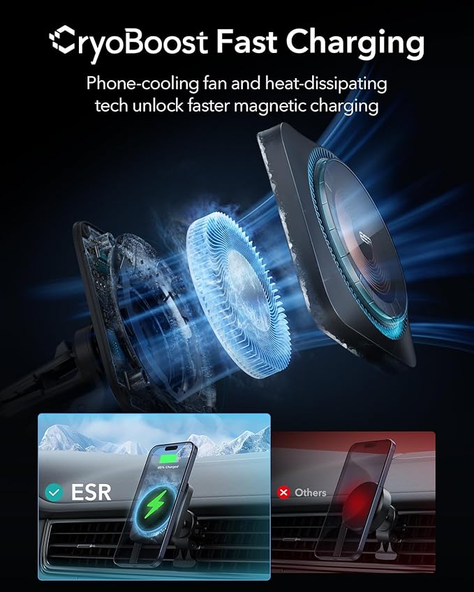 ESR for MagSafe Car Mount Charger with CryoBoost, Phone Cooling MagSafe Car Charger, Magnetic Wireless Car Charging, Air Vent/Dashboard Car Phone Holder for iPhone 17e/17-12, S26/S25, Fast Charging