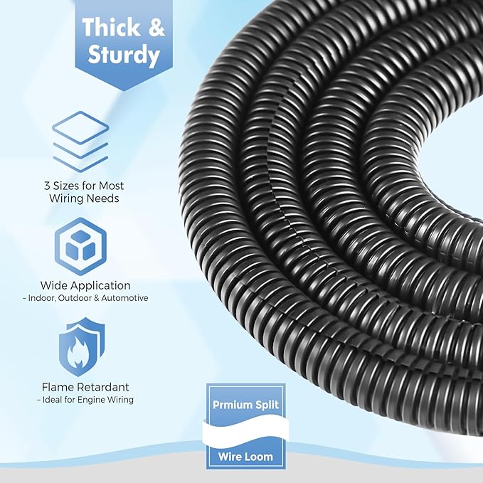 Automotive Wire Loom Flame Retardant Split Wire Loom Tubing Assortment Wiring Loom Kit Plastic Cover Electrical Covering Conduit Protective Wire Wrap Cable Sleeves Black 1/4", 1/2", 3/8" x 120 Ft