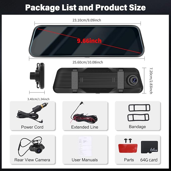 Rear View Mirror Camera, Mirror Dash Cam for Car 1080P Front & Rear Mirror Cameras 9.66 Inch HD IPS Full Touch Screen 64G Card Night Vision Motion Detection Loop Recording 24H Parking Monitor G-Sensor