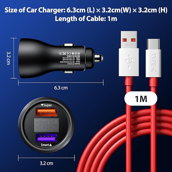 Car Charger for SuperVooc 100W 80W for OnePlus 13 15 13R 12R 12 11 10 Pro, 65W Charger for OnePlus Nord N30 N100 Open Pad 9 Pro 8 7T 6T 6 LED Display Dual USB Car Charge Adapter 3.3FT Fast Cable