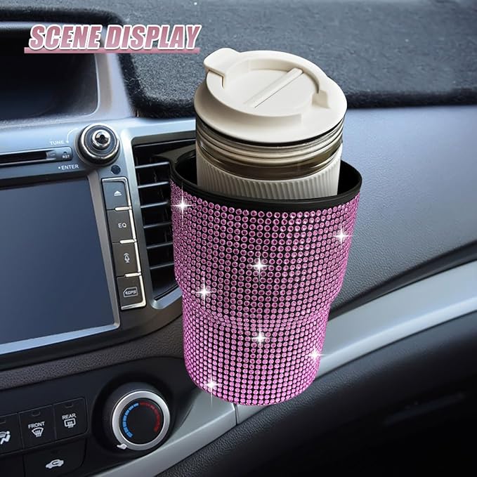 Bling Rhinestones Car Air Vent Trash Can, Hanging Automotive Cup Holder with 2 Hooks, Multi-Function Vehicle Door Organizer Accessories for Key, Pen, Water Bottles, Cellphone(Pink)