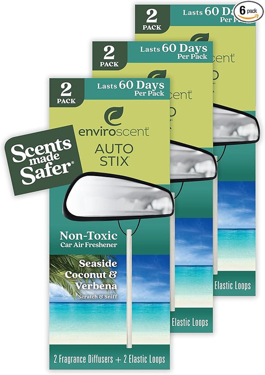 Enviroscent Non-Toxic* Car Air Freshener Auto Stix® - Scents Made Safer - Enjoy Fragrance Lasts Up to 180 Days - Includes Auto Stix® Diffusers & Elastic Loops - Seaside Coconut & Verbena (Pack of 3)
