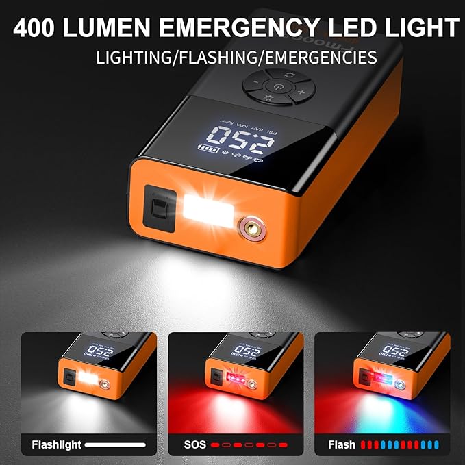 Jump Starter with Air Compressor, 4000A 180PSI, Portable Car Battery Jump Starter (All Gas/12L Diesel) 12V Automobile Jump Box Pack Chargers with Jumper Cables, 4-Mode LED Lights