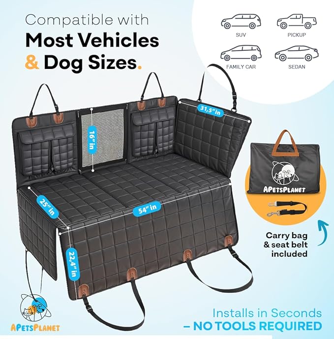 APetsPlanet Backseat Extender for Dogs, Dog Seat Cover Hard Bottom for Car Backseat & Truck Travel Bed, Platform Hammock Mat Converts Rear Seat Into Backseat Bed, Black Leather with Door Covers