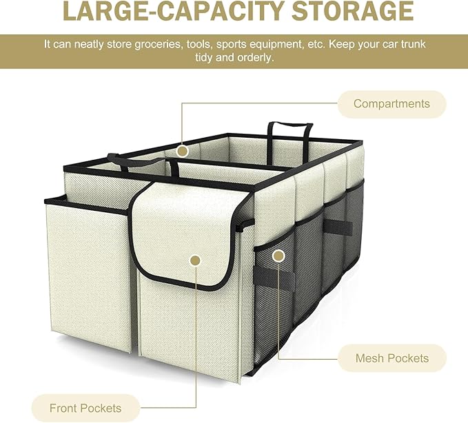 Car Trunk Organizer, Collapsible Car Organizer, Multi Compartment Car Organization for Car Accessories, Tools, Sundries, 22×13.4×11.4 inch, Storage for Auto Accessories for Women Men (Beige)