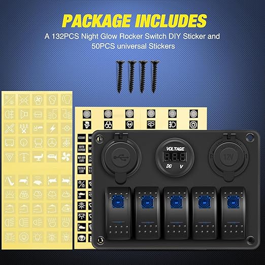Nilight 5 Gang Rocker Switch Panel Pre-Wired Aluminum with PD Type C and USB Cigarette Lighter Socket Voltmeter 12V 24V ON Off Toggle Switches for Car Trucks Boats RVs