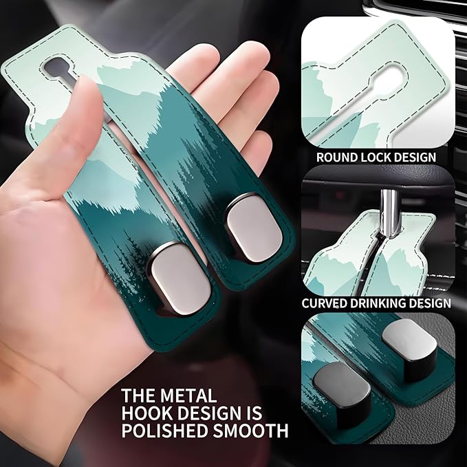 Car Seat Back Storage Headrest Hook, Premium Leather Double Metal Hook, Hanger Storage Organizer for Purse Cloth Bag, Car Interior Accessories Beautiful Blue Mountain