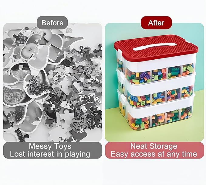 Toys Organizer Storage Case for Lego Box Kids Toy Stackable Building Blocks with Lids Bins Adjustable Lego Storage Containers Plastic Toy Box 3 Layer (Red)