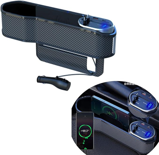 Car Seat Gap Filler Organizer with Wireless Charger,2 USB Ports and 2 Retractable Charging Cable of Type C, iOS, Multifunctional Storage Box with Cup Holder Cigarette Lighter Quick Charge