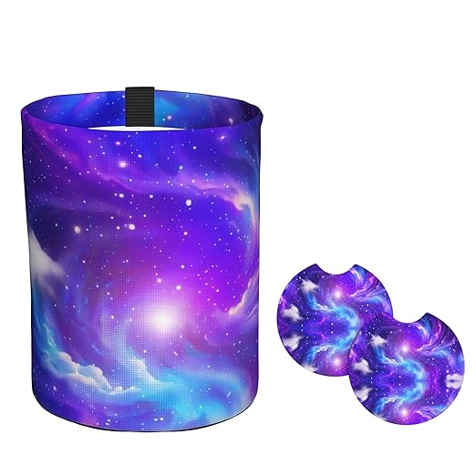 Car Trash Bag Purple Galaxy Hanging Back of Seat Car Portable Trash Bag Purple Galaxy Waterproof One-Handed Portable Strap Drawstring Garbage Bags with 2 Pieces Car Coasters