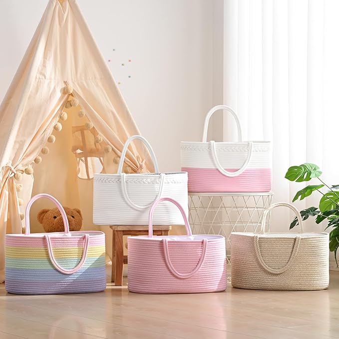 19L Baby Diaper Caddy Organizer, 16.8"x9.8"x9" Cotton Rope Diaper Basket, Changing Table Storage Caddy With Removable Divider, Baby Basket for Nursery, Car, Diapers, Baby Shower Gifts for Newborn