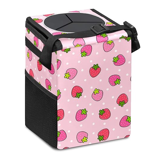 Pink Strawberry Car Trash Can with Lid Collapsible Reusable Waterproof Car Garage Bag,Automotive Garbage Can,Car Accessories Interior Car Organizer