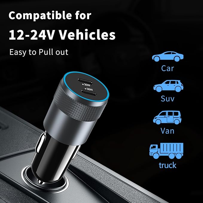 5 Pack USB C Car Charger Adapter, Aymla 60W Dual PD 3.0 Auto Cigarette Lighter Car Plug 2 Ports Type-C Fast Charging for iPhone 17/16 Pro Max/15 Plus, Samsung Galaxy S26/S25, Google Pixel 10, iPad