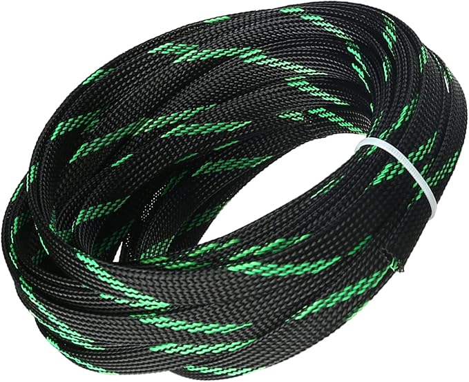 Aicosineg Black and Fluorescent Green PET Braided Sleeving 32.81 Ft Length 0.39 Inch Flat Width Cable Sleeve for Protect Cable 1Pcs