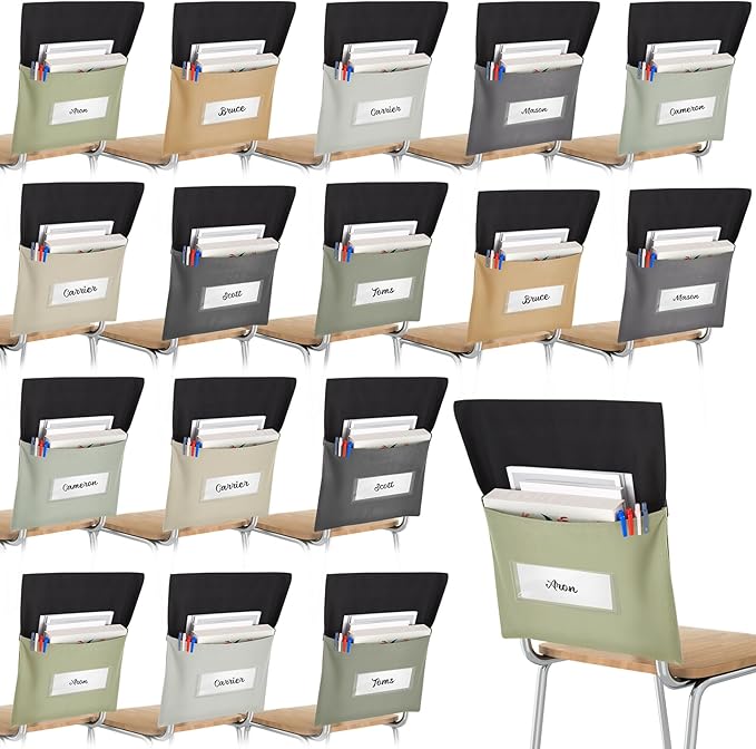16 Pcs Chair Pockets for Classroom, 14 x 18 Inch Green Chairback Pocket with Name Tag Slot, Seat Cover for Classroom Chairs K-5, Back to School Supplies, 8 Colors