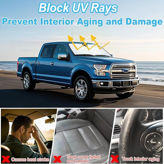 PIMCAR Windshield Sunshade for Ford F-150 2015-2020 | Premium 310T Reflective Polyester UV & Heat Blocker | Reduces Interior Temperature, Foldable with Storage Pouch