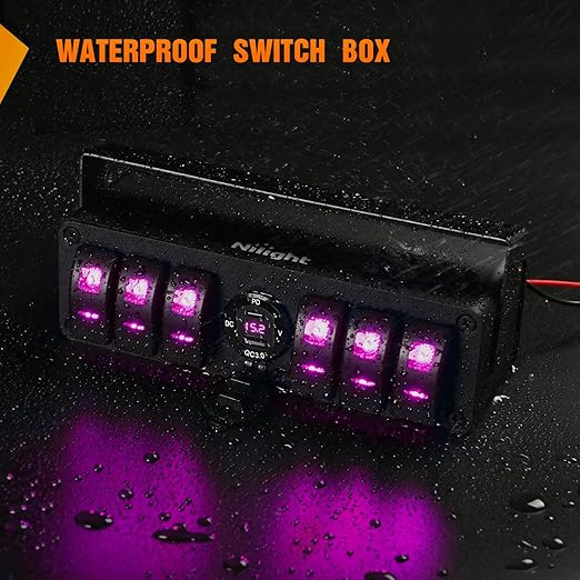 Nilight 4 Gang Rocker Switch Box 12V SPST ON Off Toggle Switches PD Type C and QC 3.0 USB Sockcet Voltmeter Purple LED Light Waterproof Aluminum Mount Bracket Panel DIY Stickers for Boat Car RV Truck