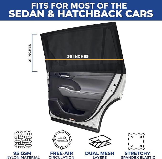 EcoNour Window Shades for Side Windows (Pack of 2) | Sun Shade for Car Heat and UV Protection | Adjustable Elastic Fabric Baby Car Shade | Rear Side Window Sun Shade Accessories (Large 40"x25")