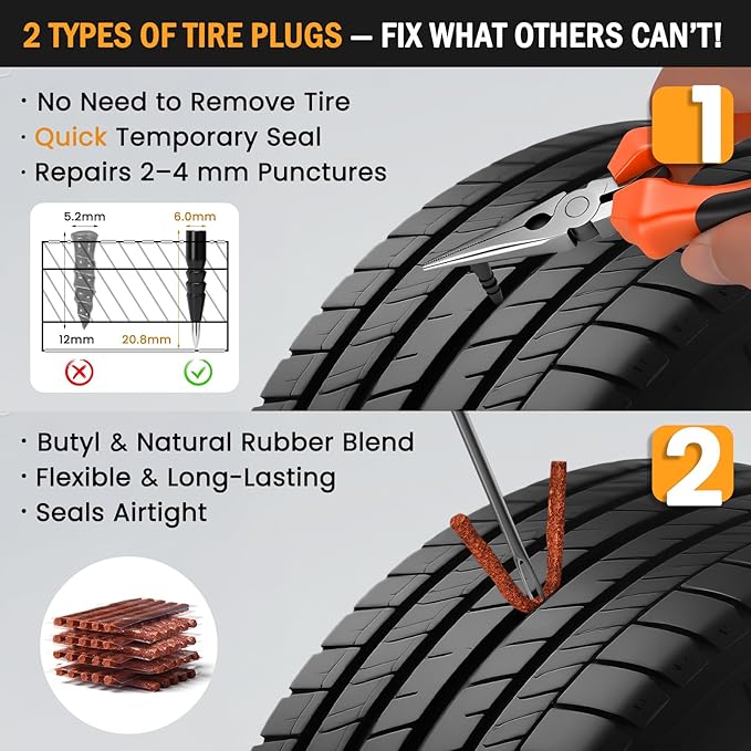 ORCISH Heavy Duty Tire Plug Kit - 98pcs All-in-One Universal Tire Repair Kit for Tubeless Flats, Emergency Tire Patch Kit for Car, Truck, SUV, ATV, Motorcycle, Trailer & RV