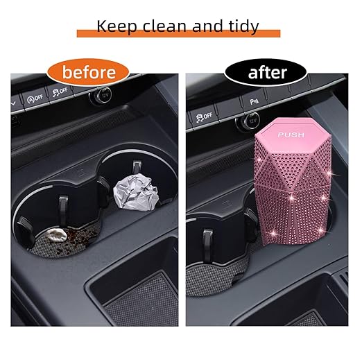 NBTEPEM Bling Car Trash Can with Lid, Bling Car Accessories Trash Bin, Leakproof Auto Garbage Can with 30 Trash Bags, Multipurpose Organizers and Storage for Home, Office (Pink Diamond)
