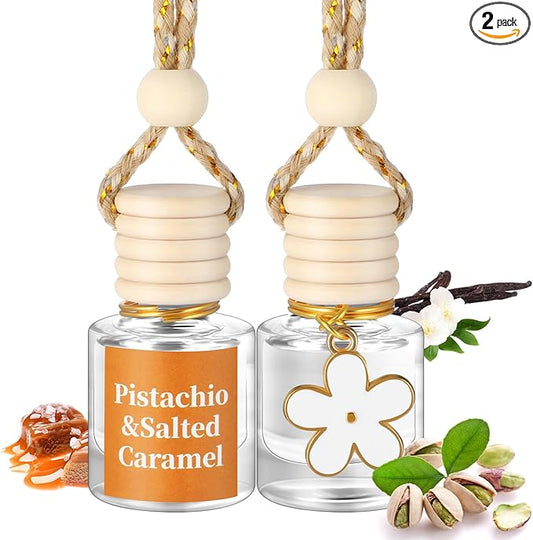 Siifert 2 Sets Hanging Car Air Freshener and Essential Oil Diffuser, Car Air Freshener Daisy Essential Oil Diffuser Long Lasting Automobile Aromatherapy (White,Pistachio & Salted Caramel)