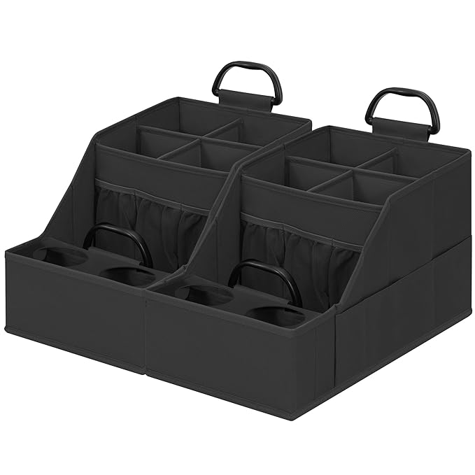 Easi Foldable Car Seat Organizer With 12 Storage Compartments 2 Metal Cup Holders, 2 Pack Back Seat Car Organizer For Car Accessories, Front Seat organizer For SUV Truck Van Sedans, BK
