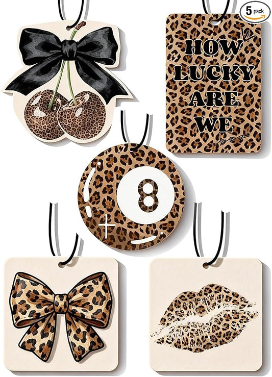 Leopard Print 5pcs Car Air Freshener Bow Coquette Cheetah Print Car Accessories Automotive Interior Hanging Scents Mirror Decor for Women Teen Girls Black