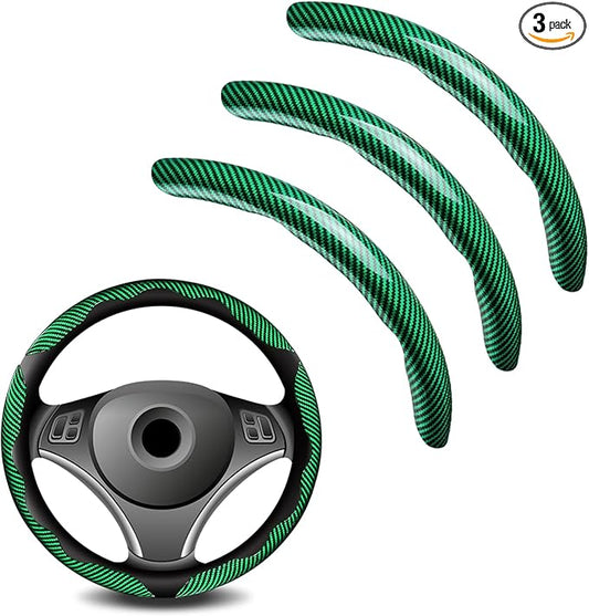3pcs Universal Carbon Fiber Steering Wheel Cover - Anti-Slip & Segmented Design, Universal 99% Durable Steering Wheel Protector for Men and Women, Car Interior Accessory (Green)